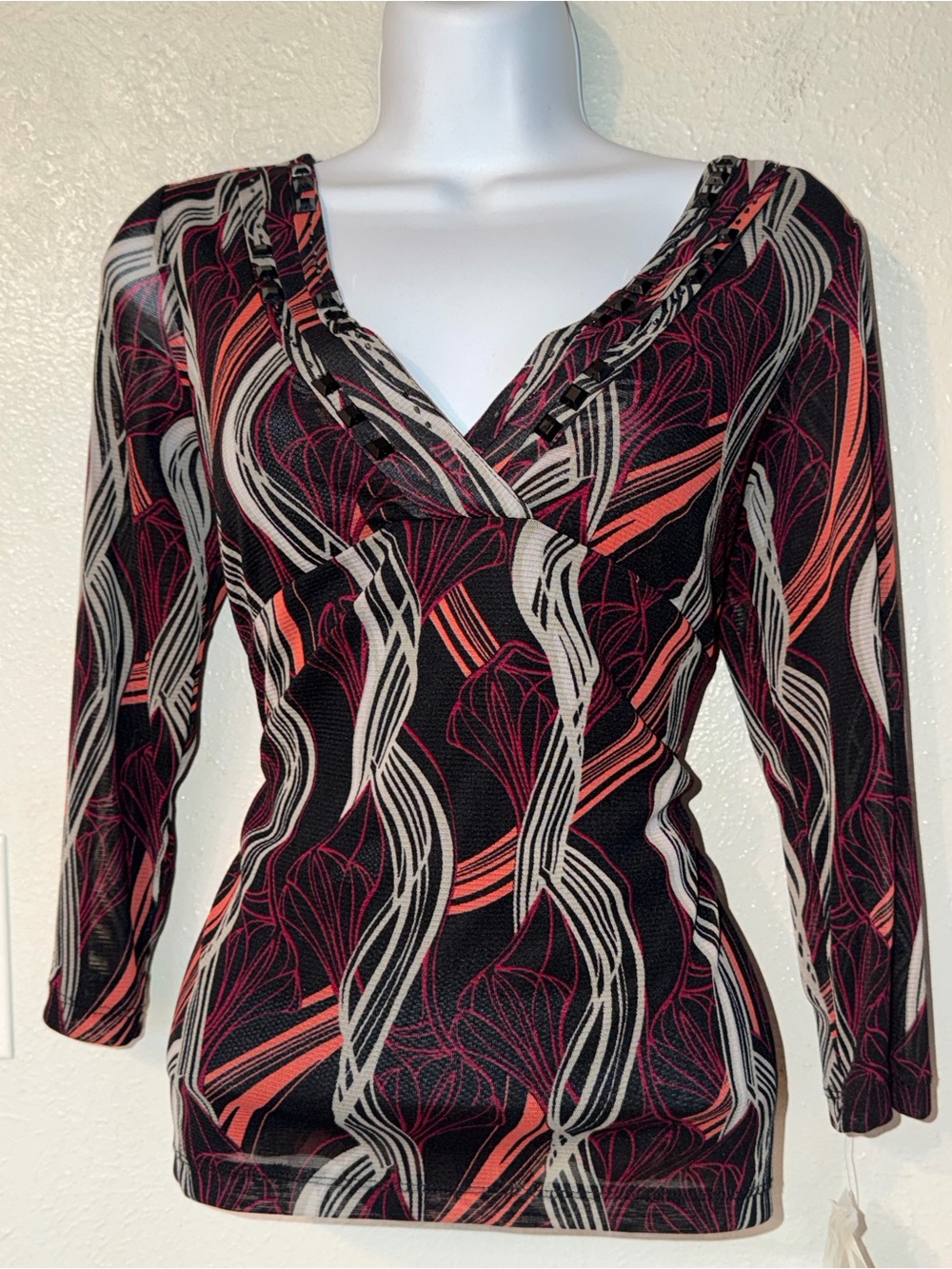 VTG Y2K Mesh Emma James Abstract Sheer Knit Jeweled Embellished Top Sz S NWT